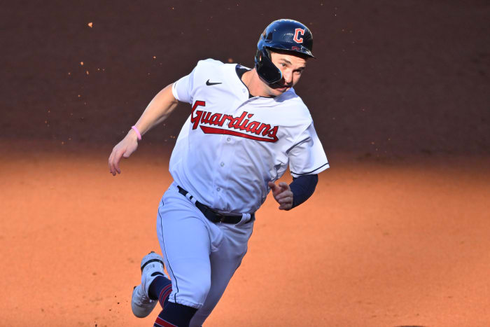 Oct 5, 2022; Cleveland, Ohio, USA; Cleveland Guardians left fielder Will Brennan (63) runs the bases in the first inning against the Kansas City Royals at Progressive Field. Mandatory Credit: David Richard-USA TODAY Sports